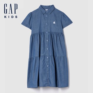 Gap 女童裝 純棉小熊刺繡翻領短袖牛仔洋裝-水洗藍(781771)
