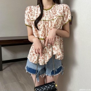 短袖上衣女 潮流百搭 設計感小眾泡泡袖雪紡上衣夏季小清新蕾絲拼接碎花娃娃衫女士襯衫