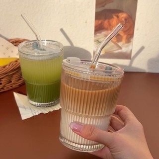 【熱賣】ins風高顏值玻璃咖啡杯簡約豎條紋吸管杯隨手杯冰美式拿鐵水杯子