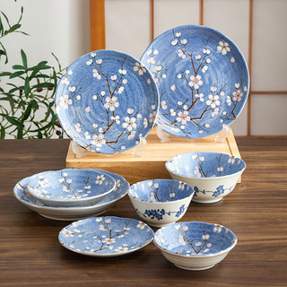 日本進口富士櫻花盤子餐盤平盤藍色陶瓷家用日式餐具湯碗組合套裝
