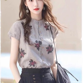 短袖上衣女 潮流百搭 【印花洋氣】高階別致印花洋氣立領短袖襯衫小眾新款夏季設計感獨特百搭上衣