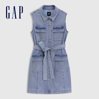 Gap 女裝 翻領無袖牛仔洋裝-淺色水洗(765959)