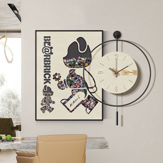 潮玩創意潮流小熊掛鐘 餐廳背景墻裝飾畫時鐘 米奇立體感積木時鐘掛畫