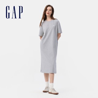 Gap 女裝 Logo純棉刺繡圓領短袖洋裝-淺灰色(764730)
