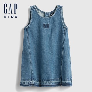 Gap 女幼童裝 Logo刺繡圓領無袖牛仔洋裝-中度水洗(778359)