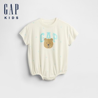 Gap 嬰兒裝 Logo小熊印花圓領短袖包屁衣-白色(771241)