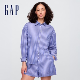 Gap 女裝 純棉翻領長袖襯衫-藍白條紋(781563)