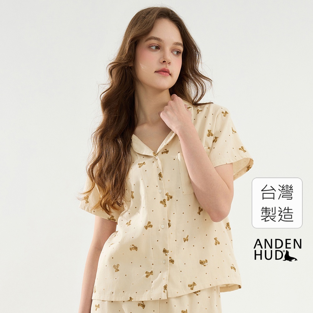 【Anden Hud】上衣_陽光微暖．純棉雙層紗襯衫式短袖居家睡衣(月光灰-泰迪小熊) 純棉台灣製
