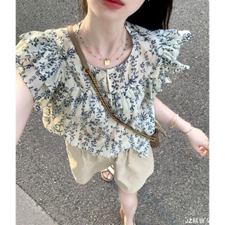 短袖上衣女 潮流百搭 法式耳邊減齡碎花短款小飛袖別致上衣2024新款夏季氣質寬松襯衫