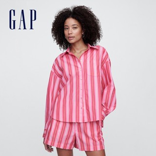 Gap 女裝 純棉翻領長袖襯衫-粉色條紋(781563)