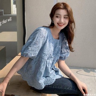 短袖上衣女 潮流百搭 減齡娃娃衫短袖新款棉麻上衣女夏鏤空泡泡袖純色襯衫百搭蕾絲遮肉