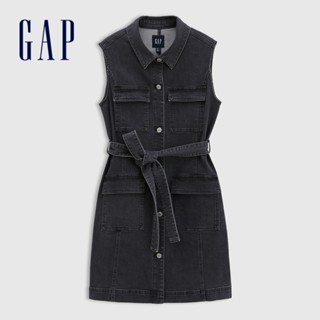 Gap 女裝 翻領無袖牛仔洋裝-水洗黑(765959)