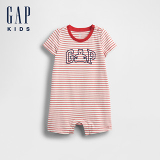 Gap 嬰兒裝 Logo純棉小熊刺繡圓領短袖包屁衣/連身衣 熊抱Logo系列-紅色條紋(781057)