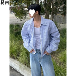 【熱賣】NZ設計感條紋短款夾克男士春季寬松翻領外套韓版潮流休閑上衣