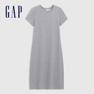 Gap 女裝 Logo刺繡圓領短袖洋裝-淺灰色(764725)