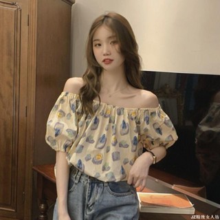 短袖上衣女 潮流百搭 雪紡碎花襯衫T恤減齡短袖韓版夏季一字肩上衣泡泡袖新款洋氣法式