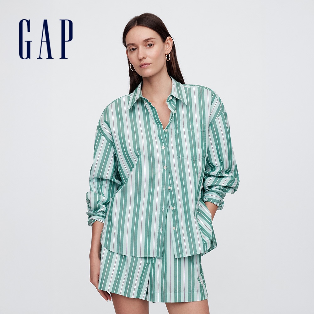 Gap 女裝 純棉翻領長袖襯衫-綠色條紋(781563)