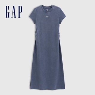Gap 女裝 Logo刺繡圓領短袖洋裝-灰藍色(764820)