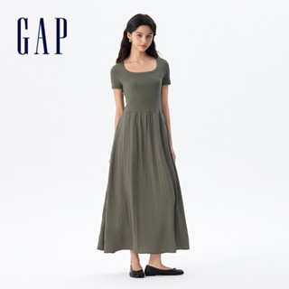 Gap 女裝 Logo刺繡方領短袖洋裝-軍綠色(765712)