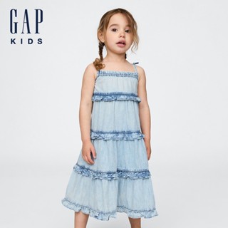 Gap 女幼童裝 純棉方領吊帶牛仔洋裝-淺色水洗(778354)