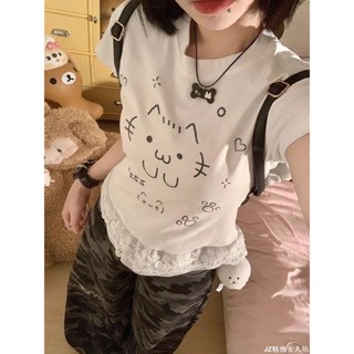 短袖上衣女 潮流百搭 大碼胖mm300斤美式復古蕾絲拼接短袖T恤女夏季寬松顯瘦百搭上衣服