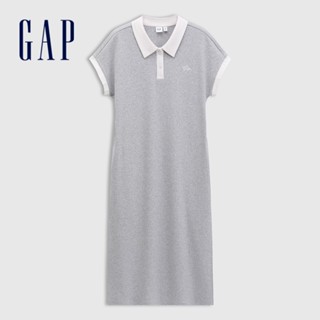 Gap 女裝 Logo刺繡翻領短袖洋裝-淺灰色(764921)