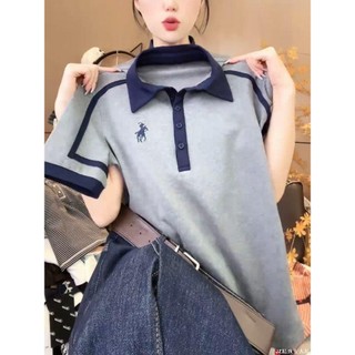 短袖上衣女 潮流百搭 純棉大碼女裝 明線裝飾衣服 Polo領上衣 短袖t恤女 夏季女裝 新款寬鬆衣服 顯瘦撞色上衣