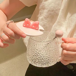 【新品推薦】ins風蝴蝶結少女心耐熱玻璃杯情侶可愛馬克杯帶蓋勺辦公室咖啡杯