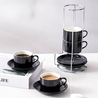 【熱賣】跨境白色陶瓷咖啡杯碟套裝可疊咖啡杯4件套帶架子水杯可logo