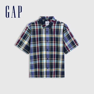 Gap 男裝 翻領短袖襯衫-海軍藍格紋(731134)