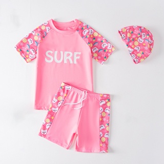 Xl-6xl 兒童泳裝女童可愛粉紅熊泳衣帶帽子青年女孩加大碼分體短袖泳衣