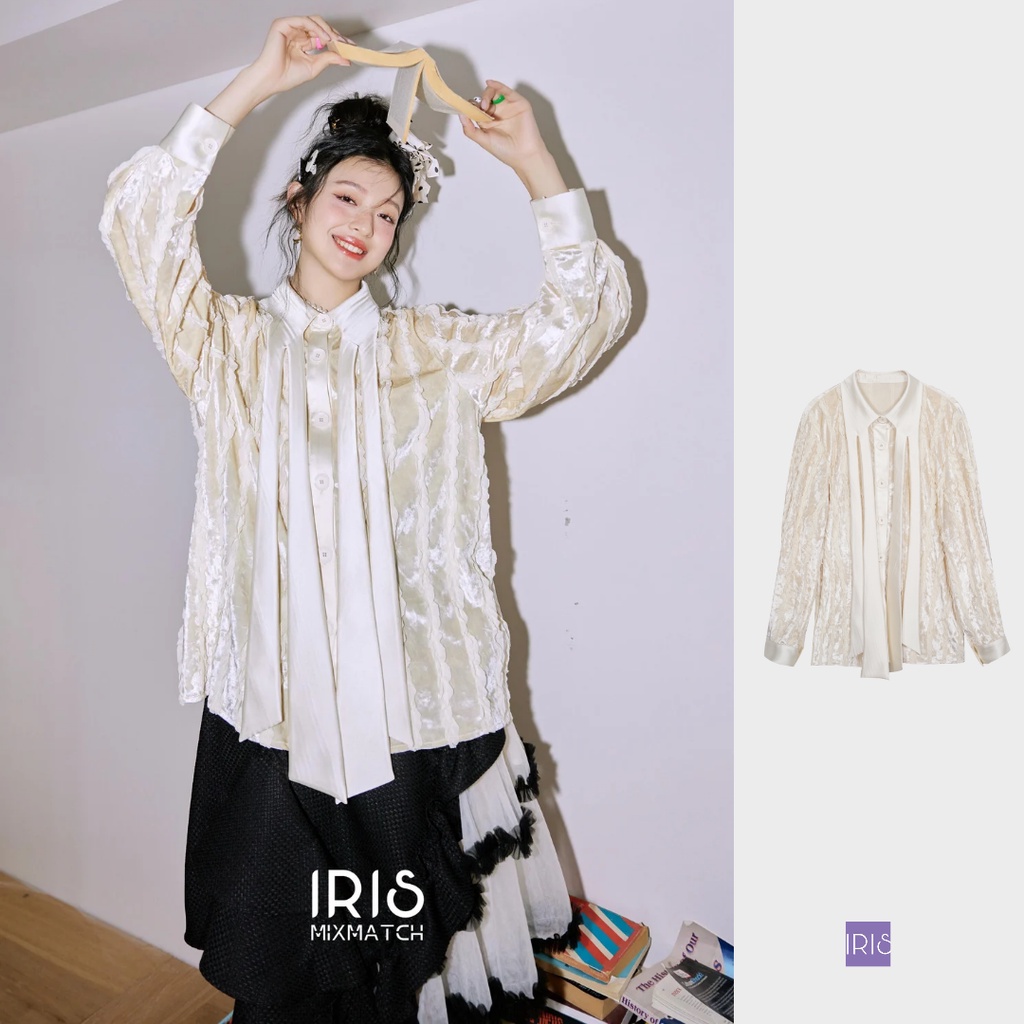 IRIS BOUTIQUE 泰國製造 春新款 浪漫因子絲絨襯衫 淺色蕾拼接長袖襯衫女中性