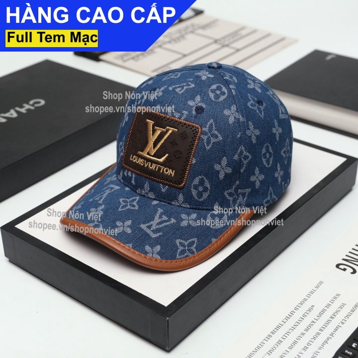 [A61] 帽子 LV 標誌刺繡面料卡其色棉質牛仔褲圖案藍色配棕色皮革邊框時尚支架形式 C