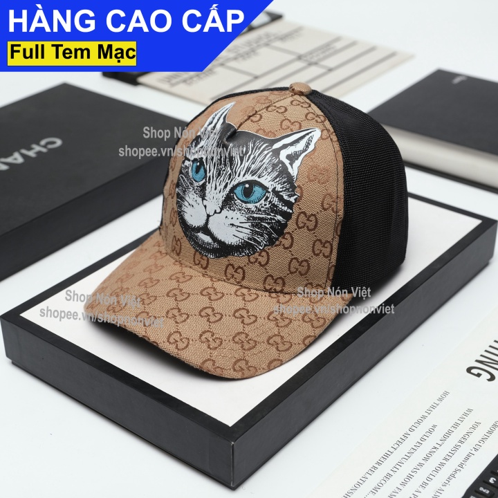 [A73] Gucci 帽子與貓圖案透氣網眼卡其色面料棕色網眼黑色高品質時尚站立形式