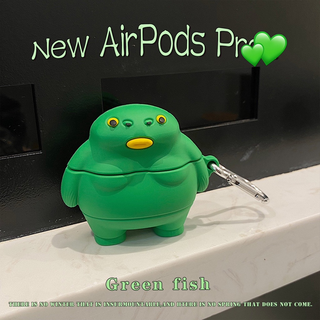 站立魚頭怪耳機保護套適用於新款AirPods Pro系列耳機惡搞綠色魚頭耳機保護殼新款AirPods3代2代1代保護套