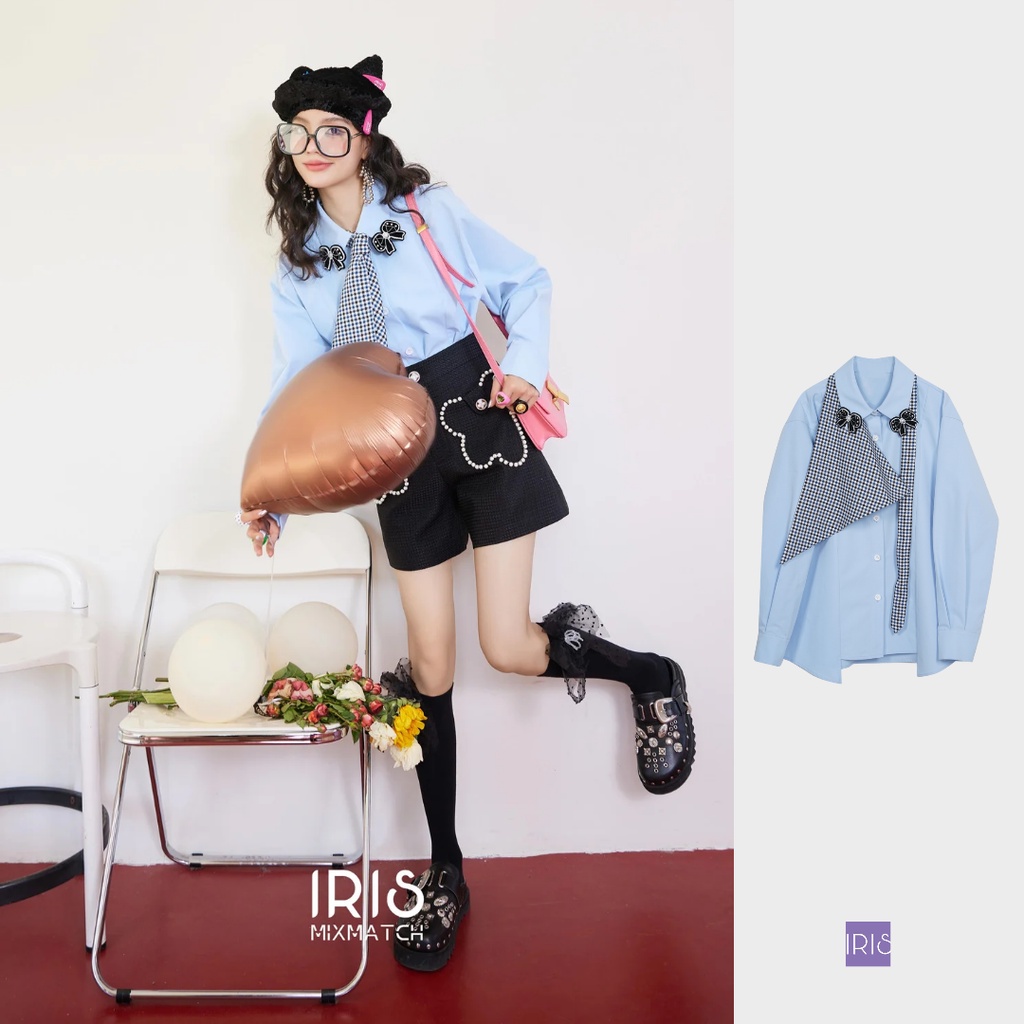 IRIS BOUTIQUE 泰國製造 春新款 太空漫遊襯衫 藍色格紋領帶長袖襯衫女中性
