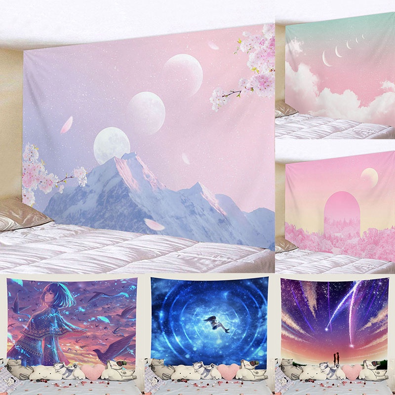 掛毯少女治愈系富士山櫻花七彩天空創意抽象時尚背景臥室客廳裝飾掛布