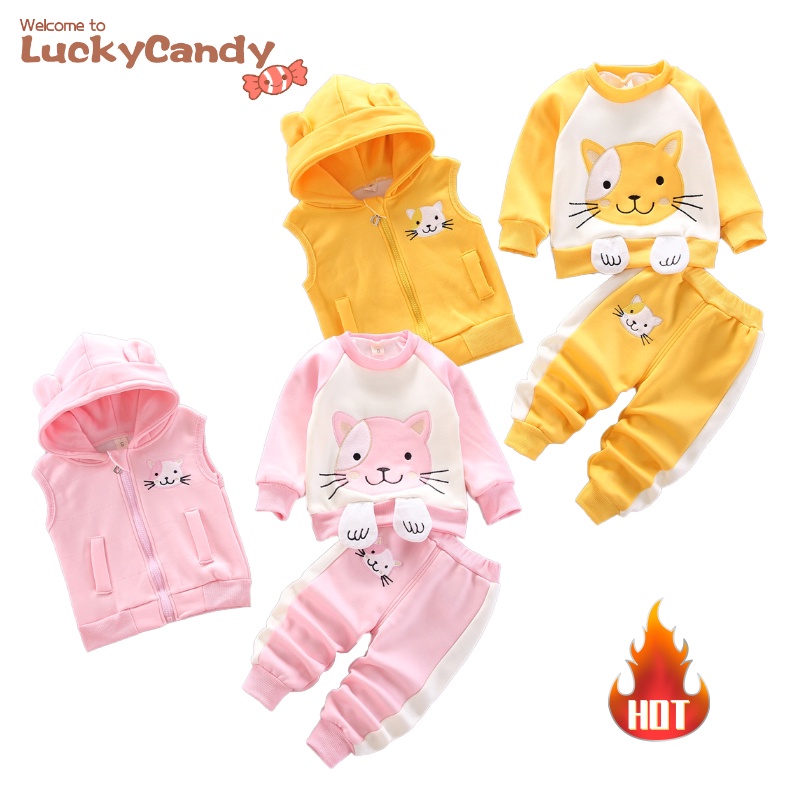 LuckyCandy 嬰兒服裝冬季厚衣服 0-3 歲兒童保暖套裝 3 件/套卡通設計童裝