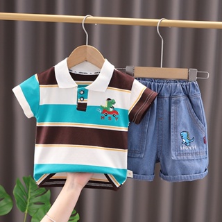 夏季兒童男孩服裝兒童卡通恐龍 T 恤短褲 2 件/套幼兒休閒運動套裝嬰兒棉質運動服 0-5 歲