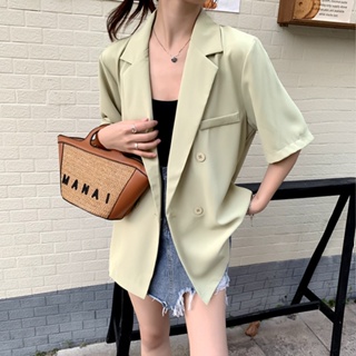 韓版時尚女裝氣質翻領短袖西裝女夏季純色百搭鈕扣寬鬆西裝外套