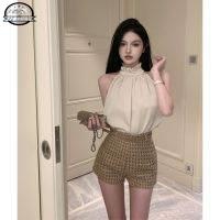 Halter Crop Tops 性感女無袖繫帶V領單/兩件套夏季高端氣質chic掛脖背心上衣+小香高腰直筒短褲女