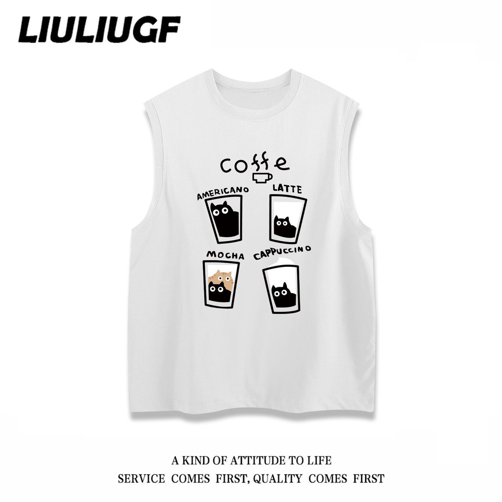 美式潮牌趣味貓咪印花情侶無袖T恤ins夏季潮流外穿運動無袖背心男