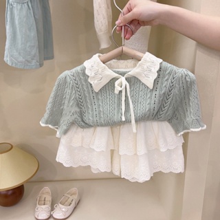 韓國童裝 女童夏季套裝新款女寶寶娃娃領時尚針織短袖冰絲上衣時髦花邊蛋糕裙短褲兩件套大童