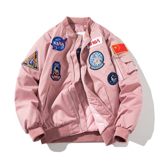 NASA聯名太空人外套冬季加厚棒球棉服男女情侶飛行員夾克粉色棉衣