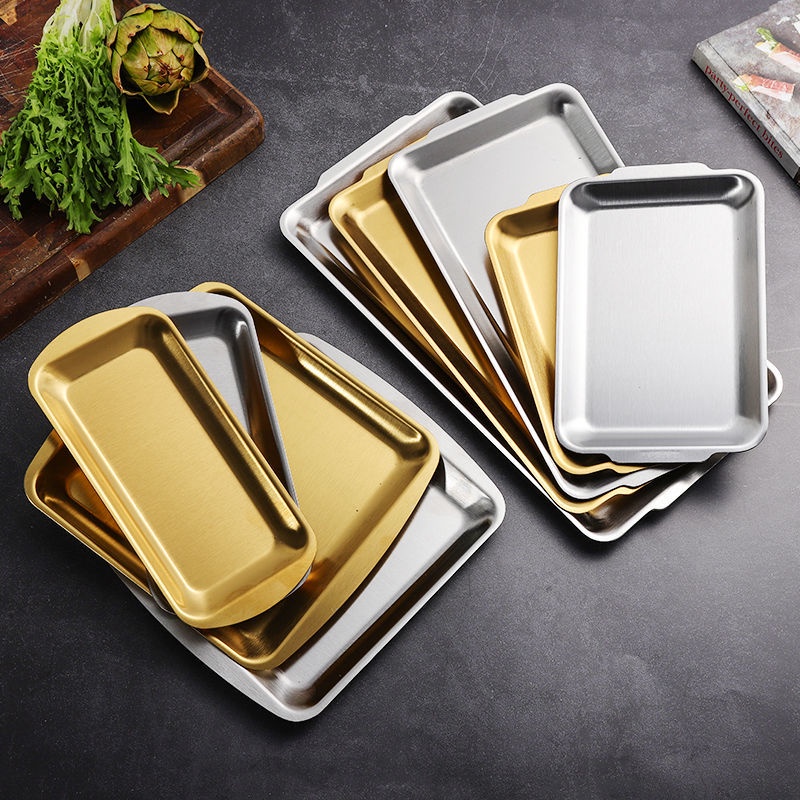 餐盤 托盤 水果盤304日式不鏽鋼盤子金色長方形托盤廚房方盤家用商用烤箱平底淺盤