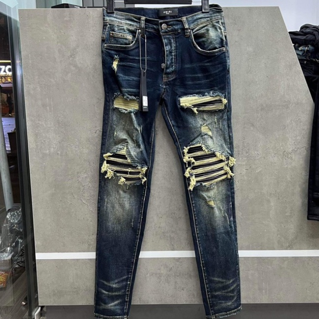 Amiri Pants 4 菊花綠黃色樂福鞋錐形枕頭配皮革補丁高跟鞋深藍色牛仔褲配黃色流蘇高品質 4 向美麗