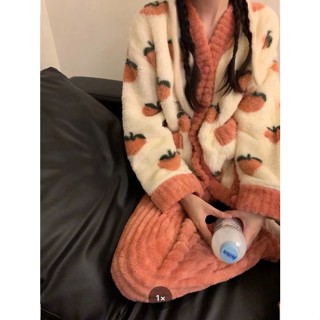 珊瑚絨睡衣 冬睡衣 兩件式睡衣 居家服套裝 珊瑚絨睡衣女冬款秋冬季刷毛加厚法蘭絨水蜜桃家居服外穿兩件套裝