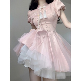 新中式重工改良旗袍粉色連衣裙夏季設計小眾流蘇國扣公主