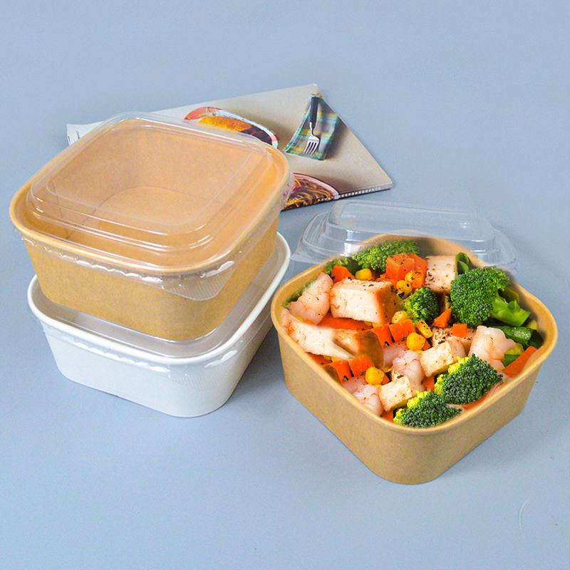 【現貨】環保可降解餐盒紙質沙拉打包盒白黃色外賣帶蓋密封一次性牛皮紙碗
