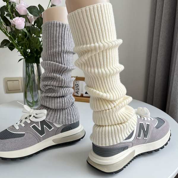 堆堆襪 50cm日系奶白色羊絨襪套女秋冬季復古慵懶堆疊針織菸灰色小腿襪套